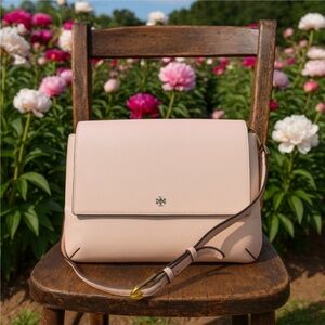 Tory Burch Robinson Pale Apricot Pink Saffiano Combo Messenger Crossbody Bag